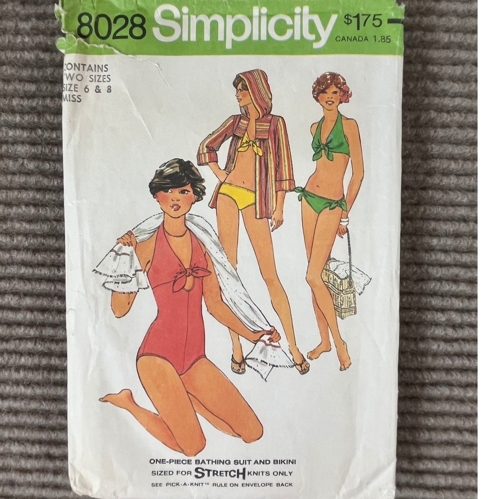 Vintage 1977 Simplicity 8028 Misses Swimsuit Bikini Hooded Coverup Pattern 6 8